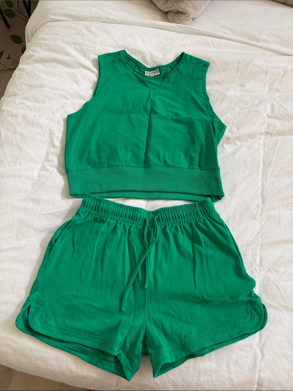 Sleeveless Green Crop Tank & Drawstring Shorts Lounge Set